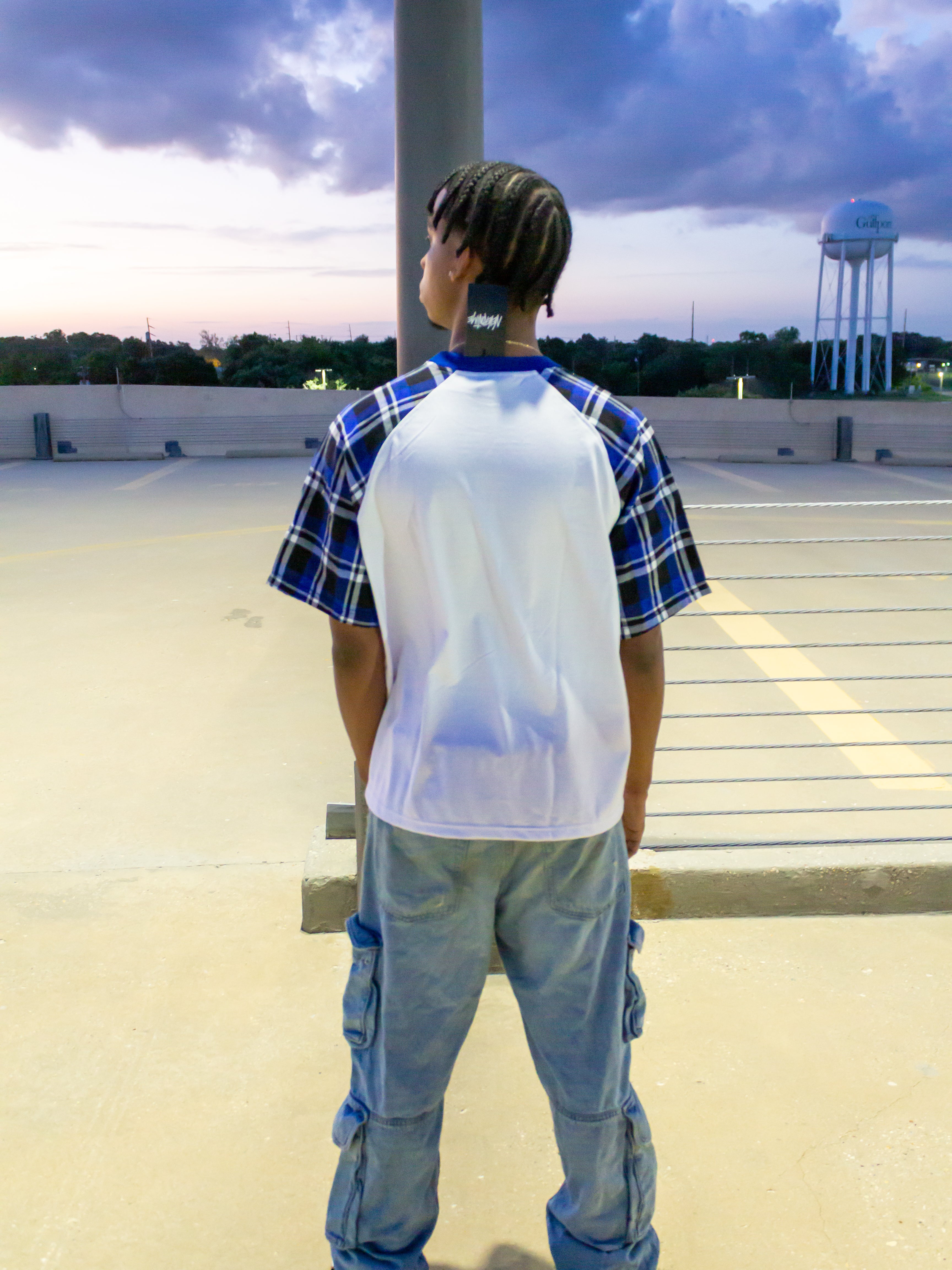 White rhinestone blue shirt