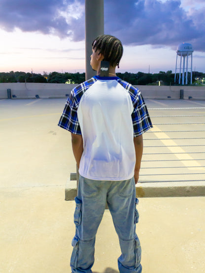 White rhinestone blue shirt