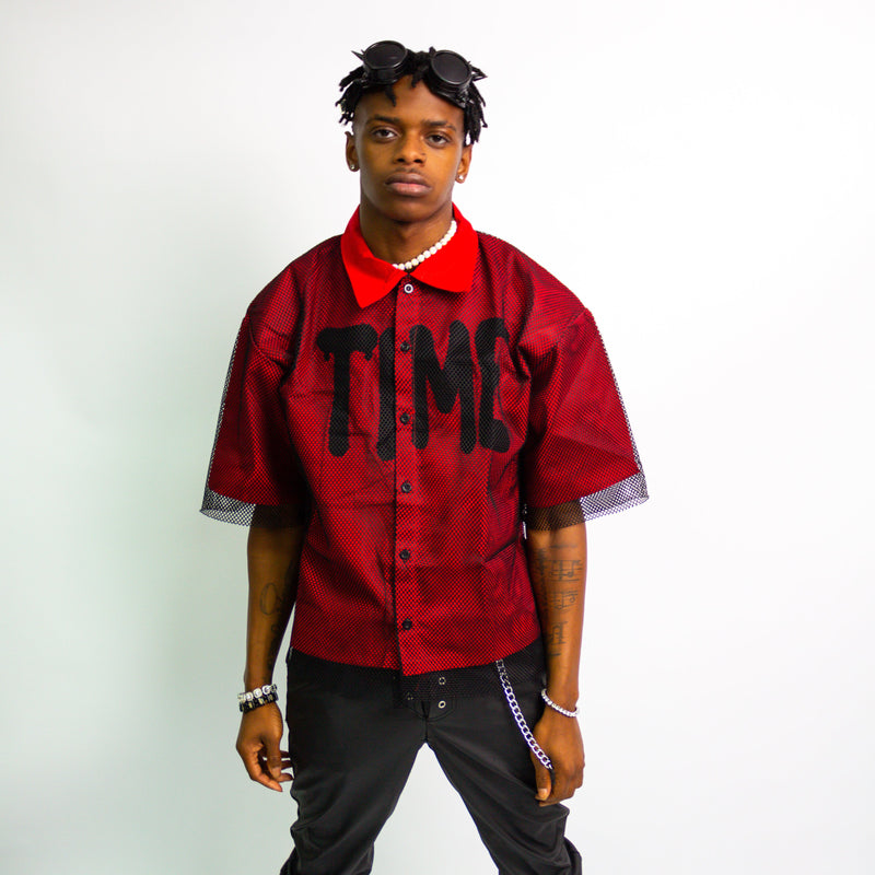 Mesh Red Button Up