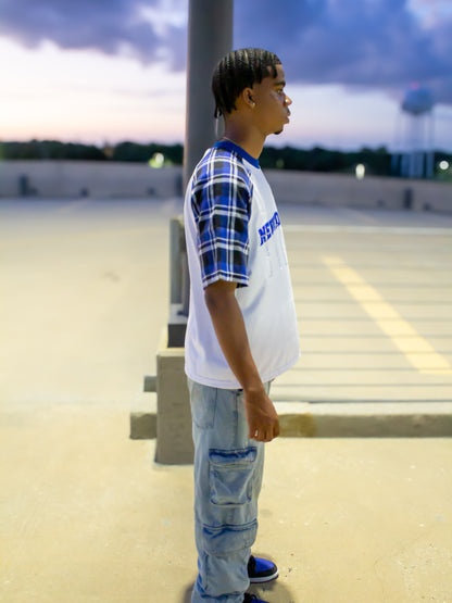 White rhinestone blue shirt