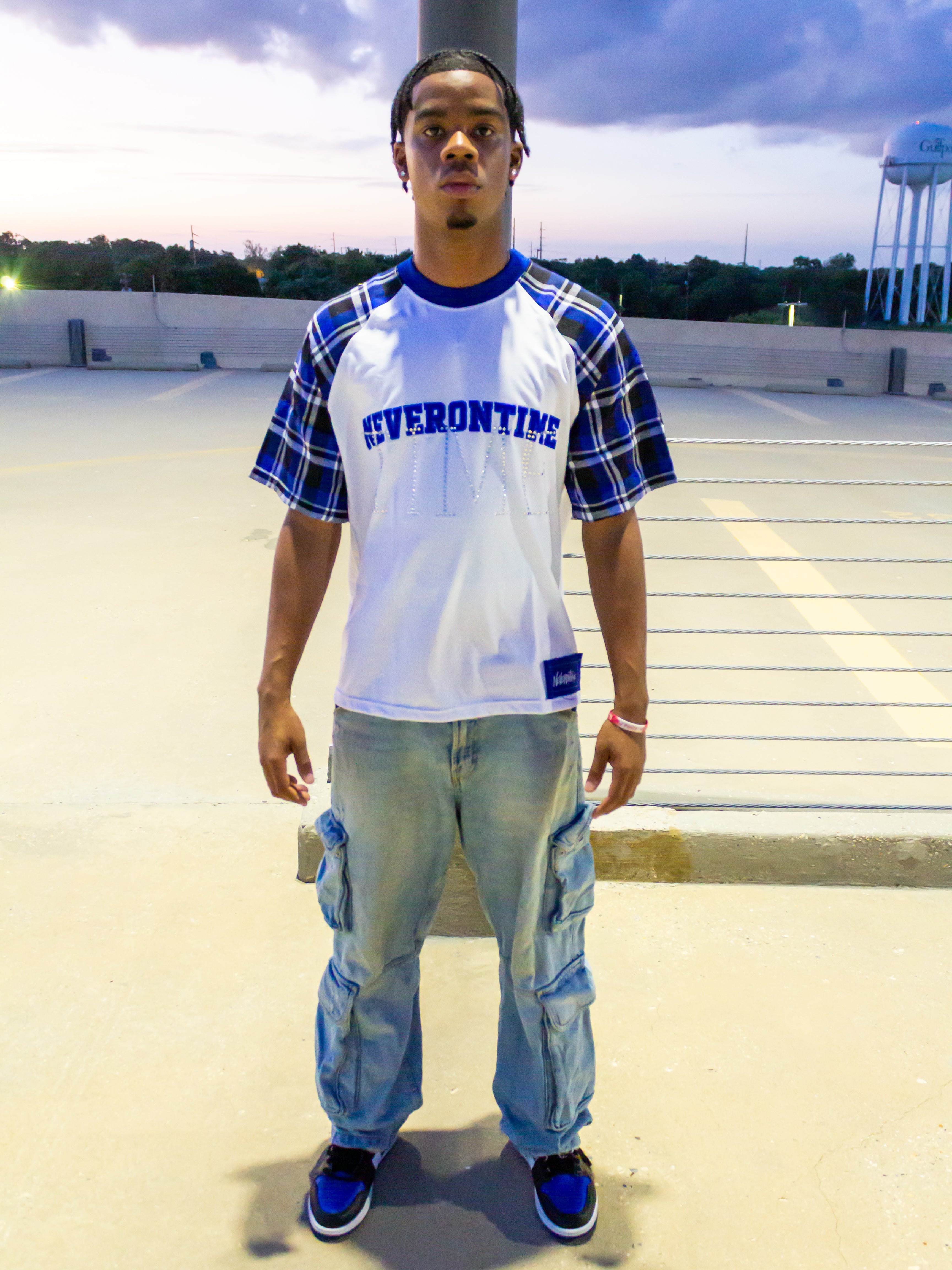 White rhinestone blue shirt